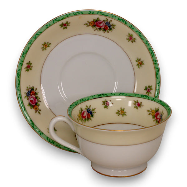 Noritake Floral with Green and Gold Trim Hand Painted Teacup and Saucer Set