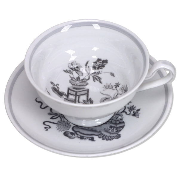 Spode Bowpot Grey Y6851 Footed Tea Cup Smooth Edge Saucer Set Bone China