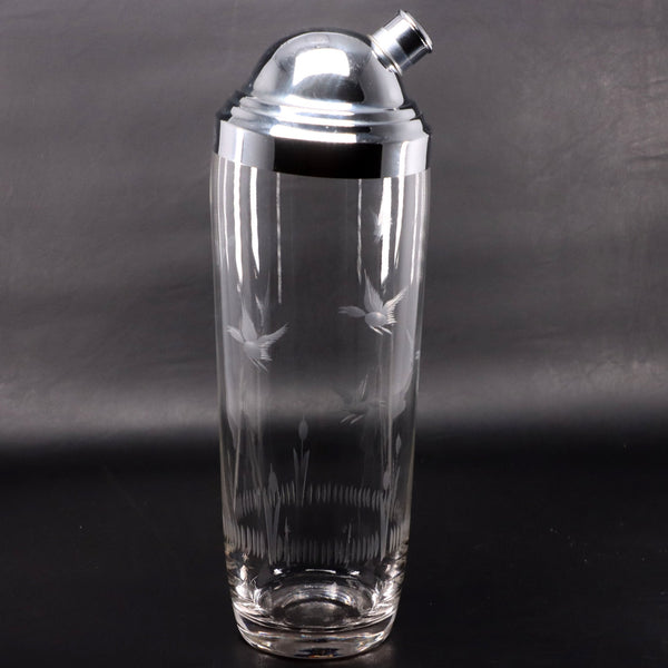 Bird Etched Large 11" Cocktail Martini Shaker Mid Century Modern Vintage