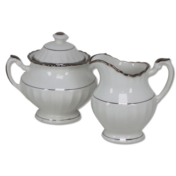 J & G Meakin Classic White Cheltenham Silver Creamer Sugar Bowl Flutted 1960's