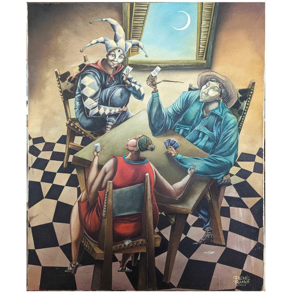 Rene Ramos Jester Card Player 39x32 Oil Canvas Original Cuban Art Painting 2000