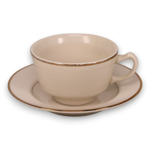 Homer Laughlin Diplomat Tea Cup Saucer Set Gold on Cream USA Vintage 1990's