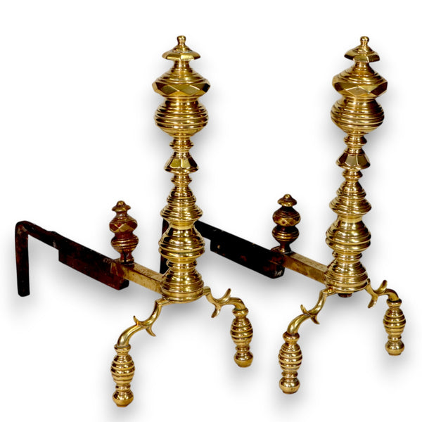 Georgian Brass 20 1/2" H x 20" D Andirons Log Stops Antique 19th C