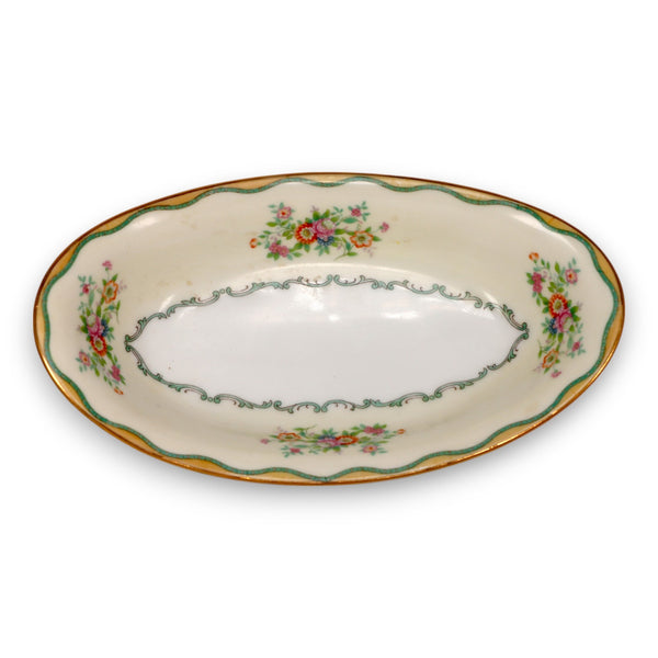 Noritake N284 Green and Yellow Wavy Border Floral 8 1/2" Oval Relish Dish