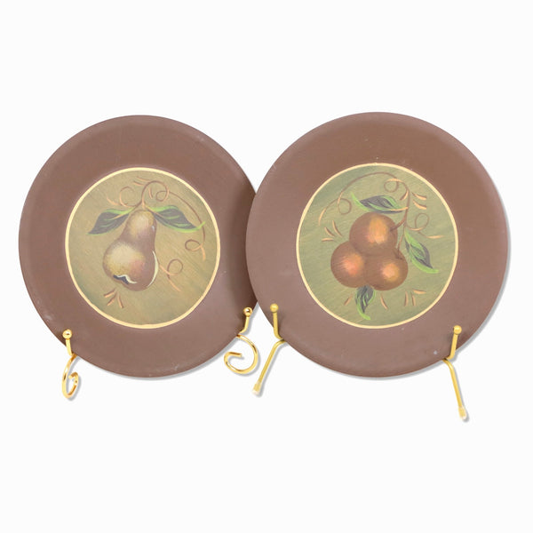 Tom Fitz-Simons Pair Hand Painted Wooden Fruit Plates 8 1/2 Manchester VT 1960's