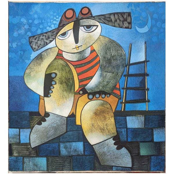 Orestes Gaulhiac Blue Man on Wall Original Cuban Art Painting Oil on Canvas 1999