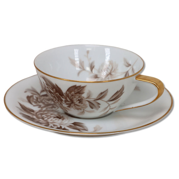 Noritake Lasalle 5142 Flat Tea Cup Saucer Brown Floral Gold Trim Japan 1950's