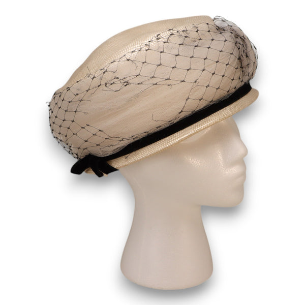 Vintage Pillbox 1950s Straw Hat w/ Veil Black Velvet Bow Size SM Cocktail Style