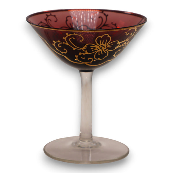 Gold Floral Overlay Cranberry Champagne Coupe Low Sherbet Vintage