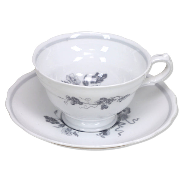 Spode Bowpot Grey Footed Tea Cup Scalloped Edge Saucer Set Bone China 1890's