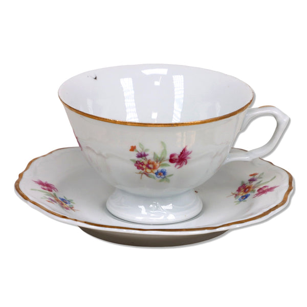 Walbrzych Tea Cup Saucer Set Floral with Gold Trim Poland Vintage 1950's