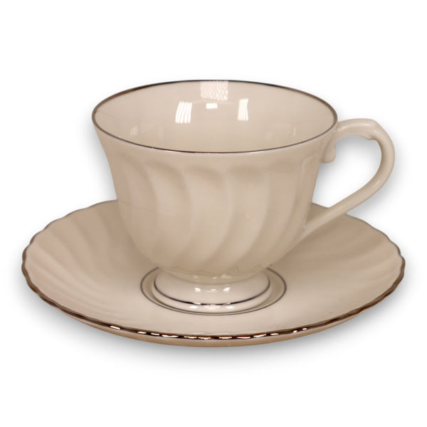 Syracuse Wedding Ring Scalloped White with Platinum Trim Tea Cup and Saucer Set
