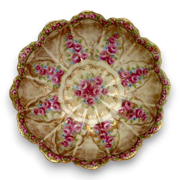 Gold Encrusted Japanese Footed Floral Antique Decorative Fruit Bowl 11" Porcelain