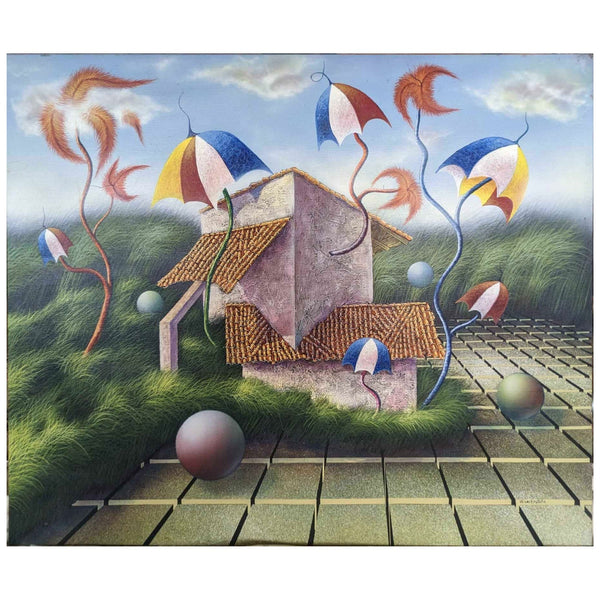 Ulises Bretaña Hevia Umbrellas at the Edge of Nature 26x31 Oil Canvas Cuban Orig