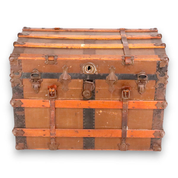 Flat Top Antique Steamer Trunk Brown Canvas Pirate Chest Coffee Table 1890's