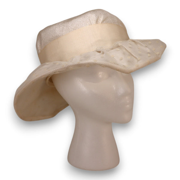 Vintage Cream Polka Dot Lace Wide Brim Hat w/ Bow Ladies Summer Size SM 54 CM