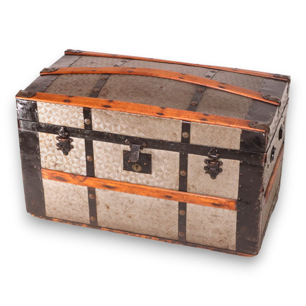 Embossed Tin Smaller 30" Curved Top Steamer Trunk Coffee Table Antique 1890's