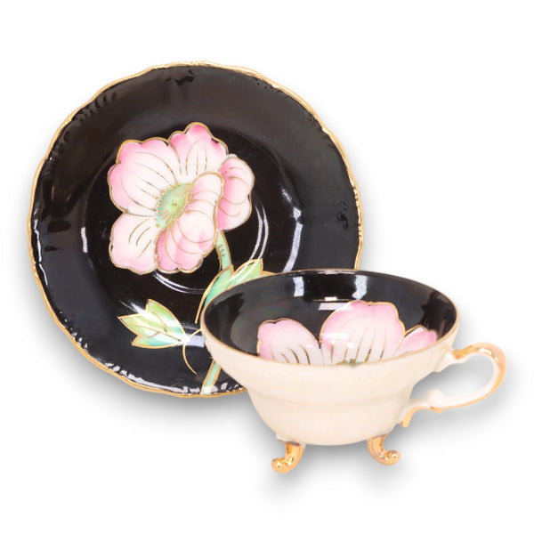 Royal Sealy Black with Pink Flower Footed Tea Cup Saucer Set Japan Vintage