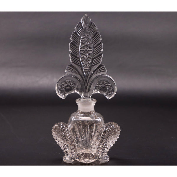 Pressed Glass Perfume Bottle with Ornate Stopper Cut Star Pattern