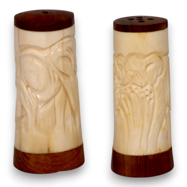 Elephant Carved Bone Salt & Pepper Shakers 3 1/4" Teak Wood Top Bottom Vintage