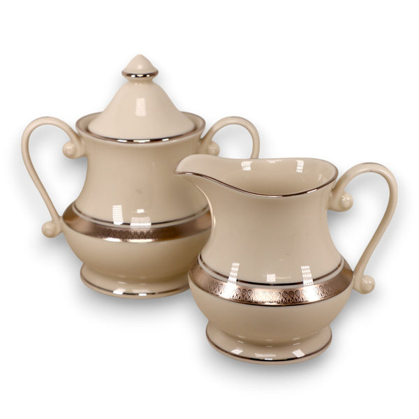 Pickard Geneva Ivory Bone China Creamer Sugar Bowl Set Platinum Trim USA