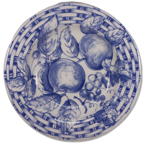 Pier 1 Imports Blue White Apple Fruit Basket Weave Rimmed Soup Bowl 9 1/2"