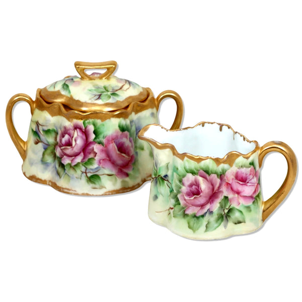 Zeh Scherzer Z S & Co Bavaria Sugar Bowl Creamer Set Roses Gilt Trim 1890's