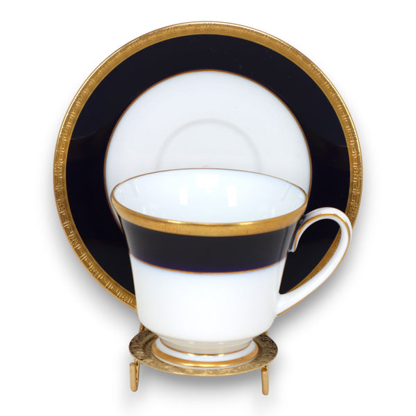 Noritake Vahalla Tea Cup Saucer Set Cobalt Blue Gold Rim Japan Vintage 1970's