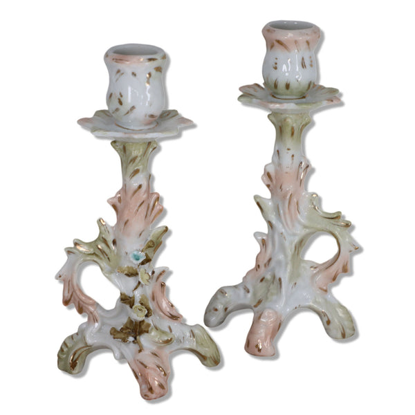 Dresden Porcelain Candlestick Holders Gold Accents 2pc Antique