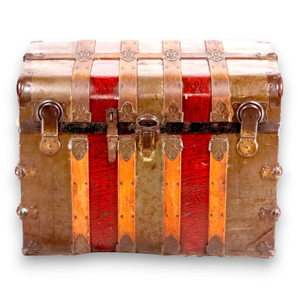 Double Lock Antique Flat Topped Steamer Trunk Coffee Table Red & Brown 1890's