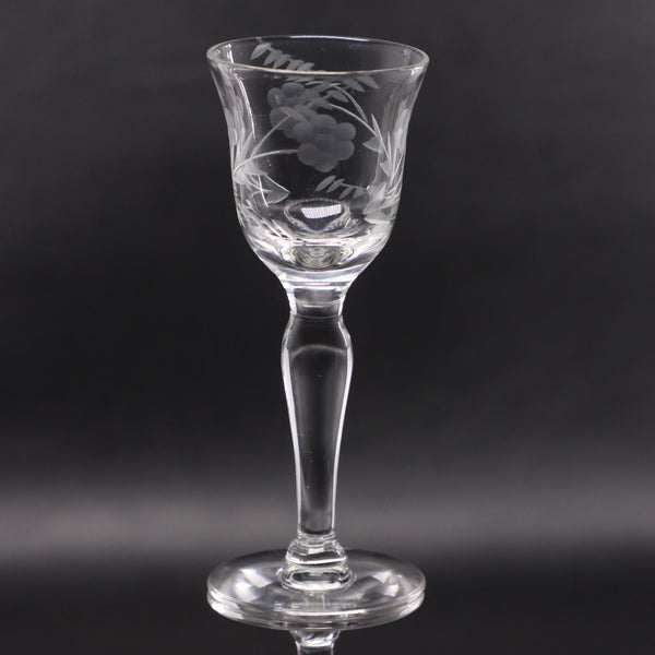 Etched Grape Cordial Glass 4" Hand-Blown Crystal Stem Vintage 1940s