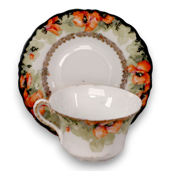 Jaeger JAE67 Malmaison, Orange Flowers, Filigree Band Tea Cup and Saucer 1800's