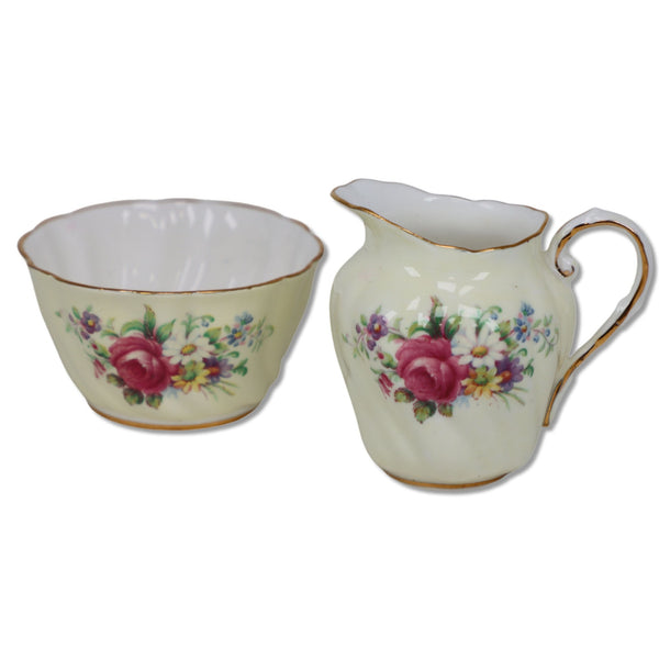 Paragon Roses on Pale Yellow Creamer Sugar Bowl Set Bone China England 1950's
