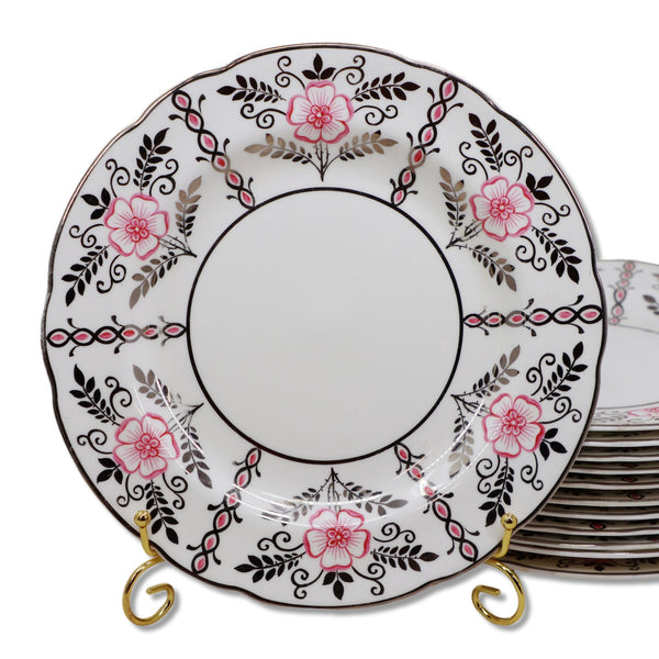 Wedgwood W2941 10 3/4" Dinner Plate Pink Flowers Platinum Trim Antique 1880's
