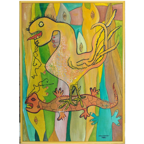 José Garcia Montebravo Yellow Chicken 22x15 Oil/Canvas Painting Cuban Art 1985
