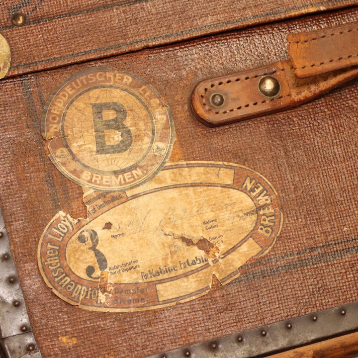 Bent Cane Steamer Trunk H Potter Style 40" Keys Decals Coffee Table Antique 1920 9030