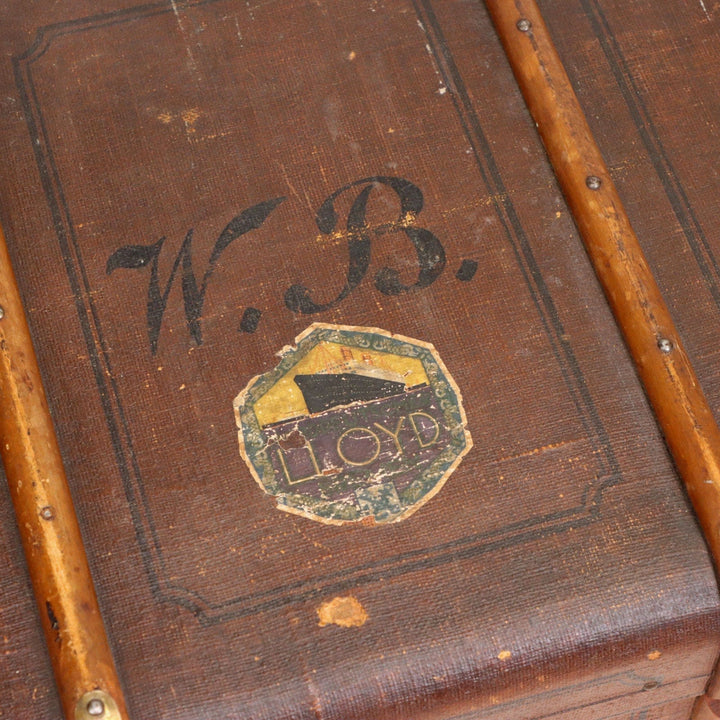 Bent Cane Steamer Trunk H Potter Style 40" Keys Decals Coffee Table Antique 1920 9030