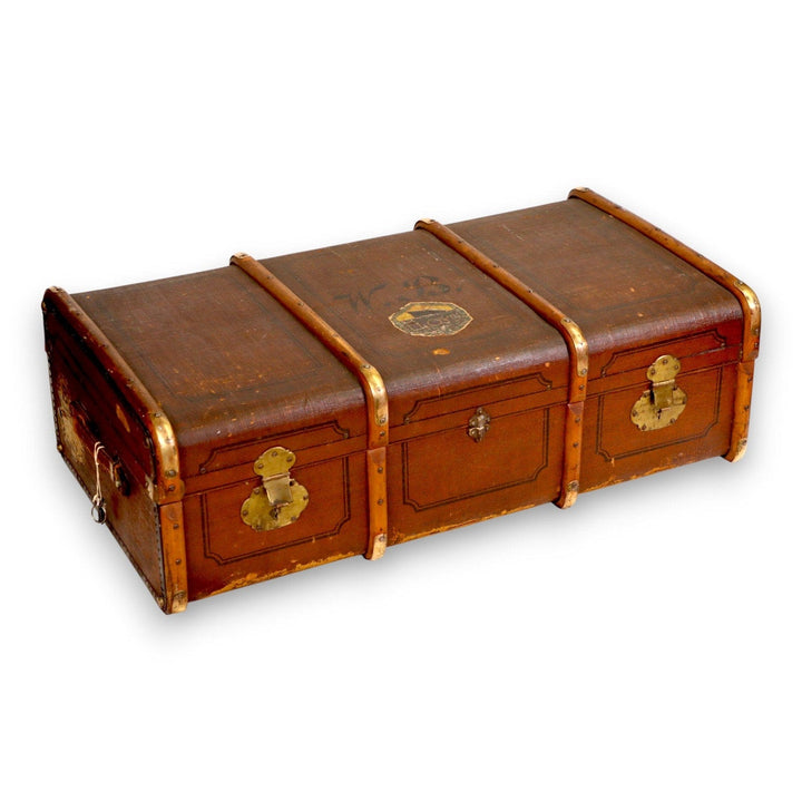 Bent Cane Steamer Trunk H Potter Style 40" Keys Decals Coffee Table Antique 1920 9030