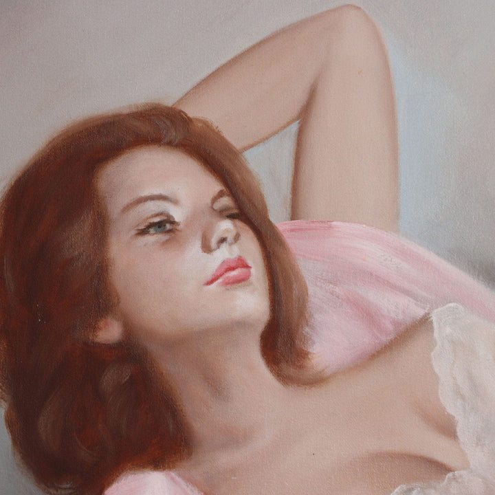 Boudoir Oil Painting on Canvas Lady in Silk Nightgown 29x53 Framed Vintage 1970 7836