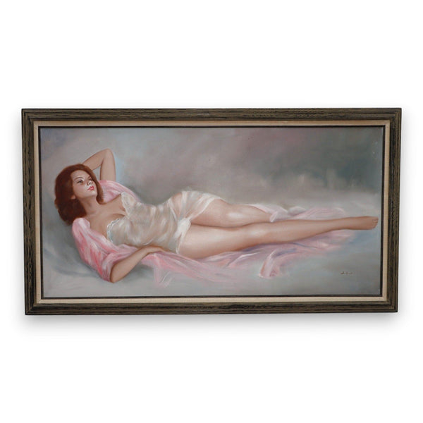 Boudoir Oil Painting on Canvas Lady in Silk Nightgown 29x53 Framed Vintage 1970 7836