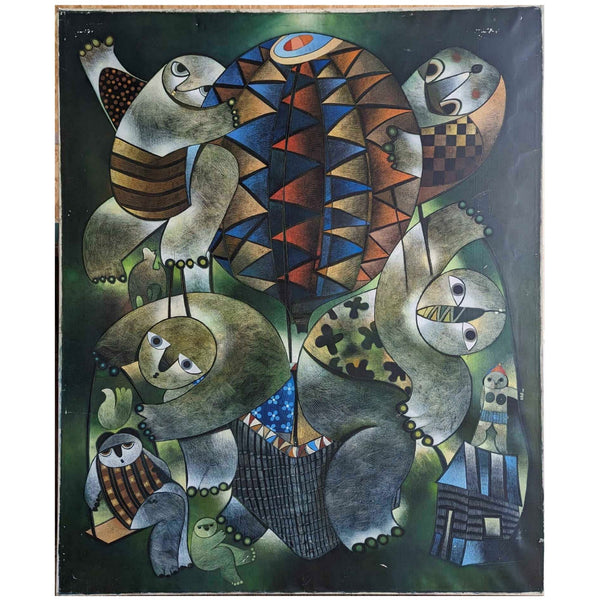 Orestes Gaulhiac Kids with Balloon Original Cuban Art Painting Oil Canvas 1999