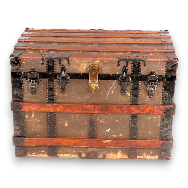 Flat Top Antique Steamer Trunk Pirate Chest Brown Canvas Coffee Table 1890's