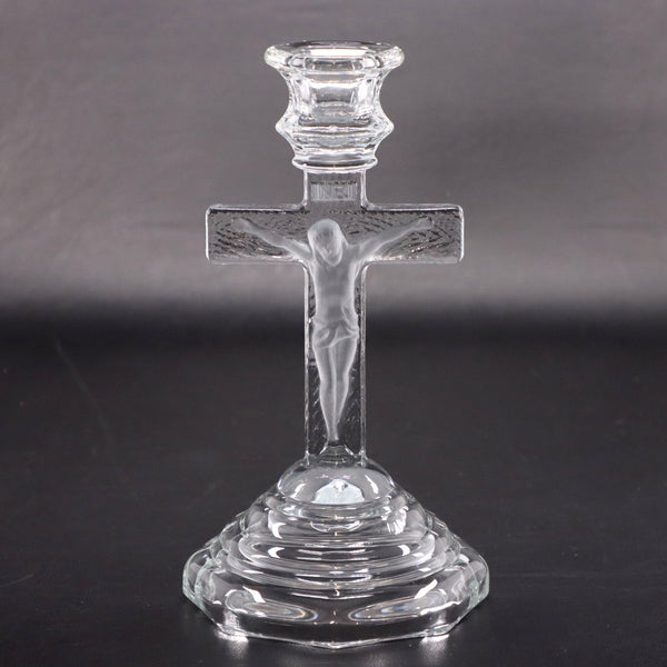 Homco INRI Jesus on Crucifix Glass Candlestick Holder 7 1/4" Vintage
