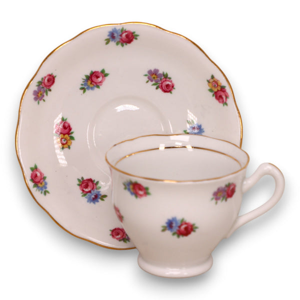 Colclough Floral Pink Roses Footed Tea Cup Saucer Set England Vintage 1970's