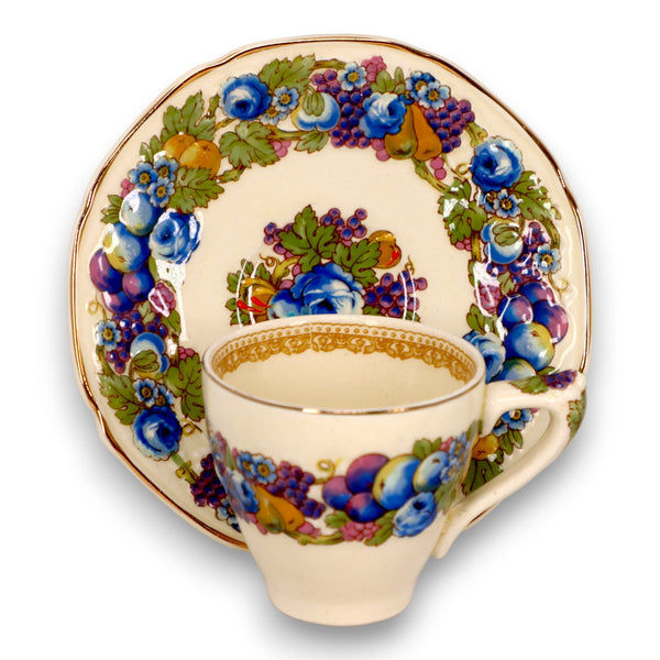 Crown Ducal Florentine Fruit Garland Demitasse & Saucer Vintage England 1930's