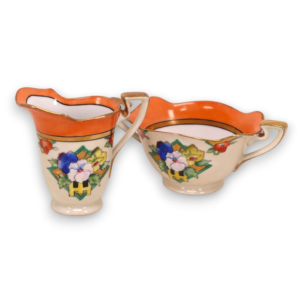 Noritake M Cream Sugar Bowl Set Gold Trim Floral Orange Japan