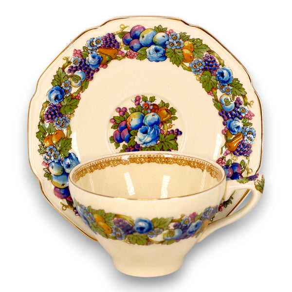 Crown Ducal Florentine Fruit Garland Cup & Saucer Vintage England 1930's