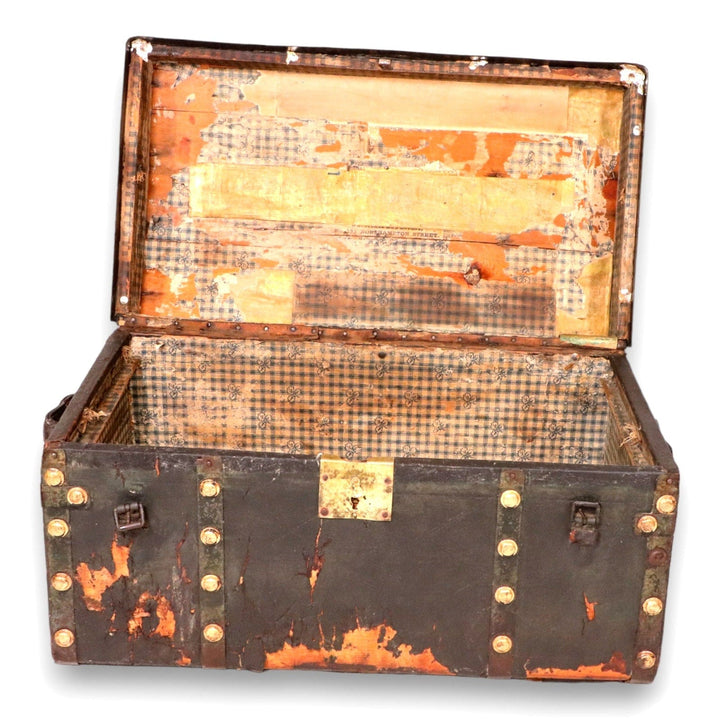 Civil War Era Brass Buttoned Leather Paneled Antique Stagecoach Trunk C. 1850's 6532