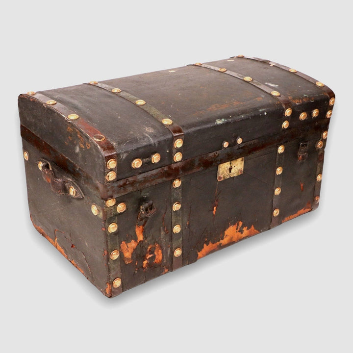 Civil War Era Brass Buttoned Leather Paneled Antique Stagecoach Trunk C. 1850's 6532