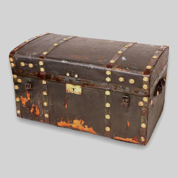 Civil War Era Brass Buttoned Leather Paneled Antique Stagecoach Trunk C. 1850's 6532